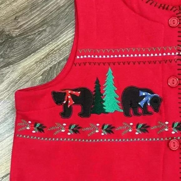 Blair Womens Ugly Christmas vest red with bears and trees. Size med button up - Picture 2 of 14